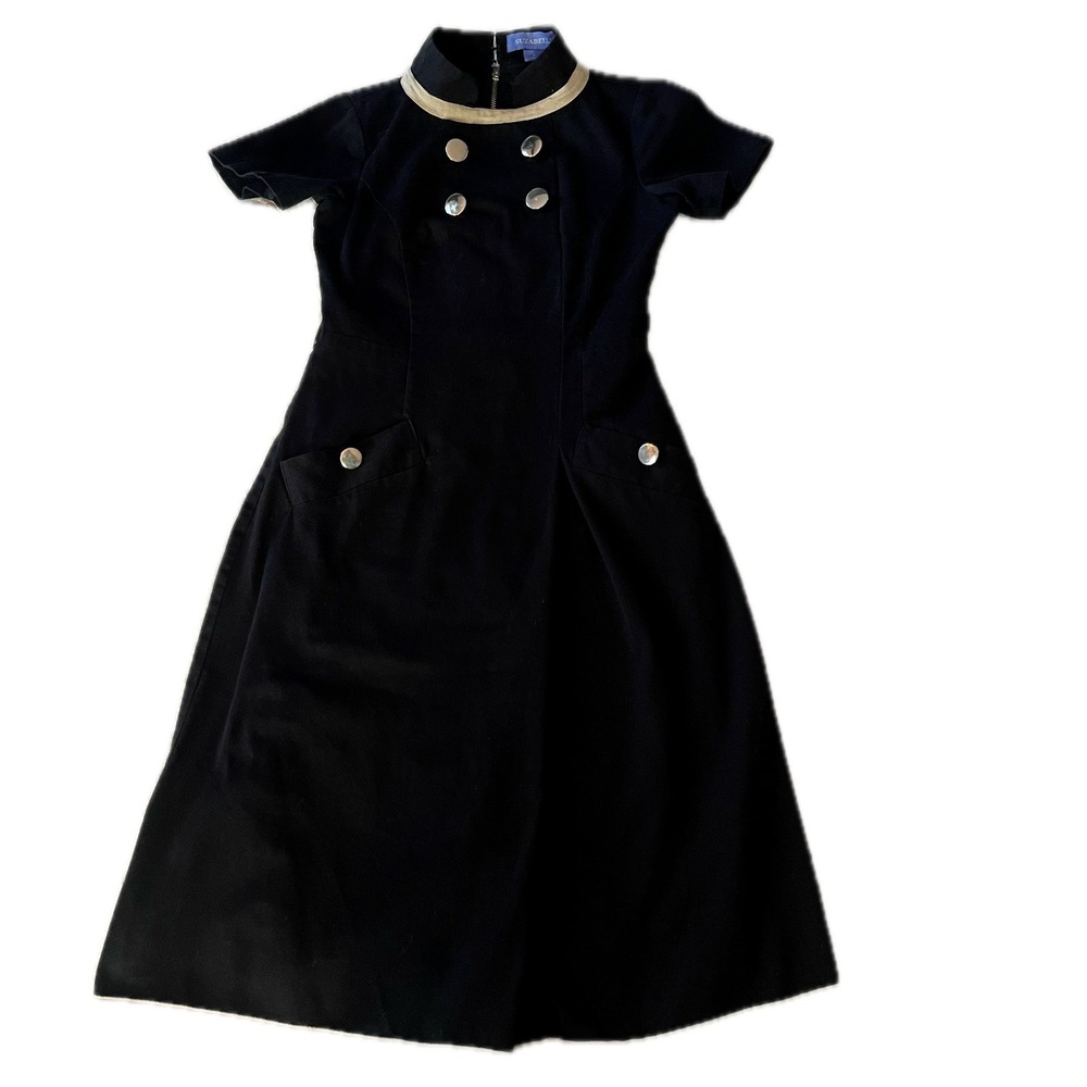 Vintage Black Mod Midi Dress Cream Collar Silver Buttons Belted Size 6